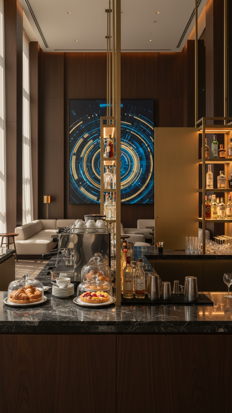 Transformable hotel bar showing day mode with espresso machine and night mode with premium spirits display
