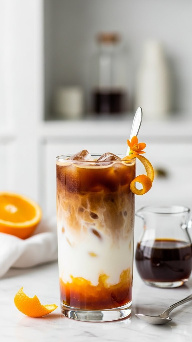 Translucent orange blossom syrup layers vibrantly in an iced coffee with milk and cold brew, garnished with an orange peel.