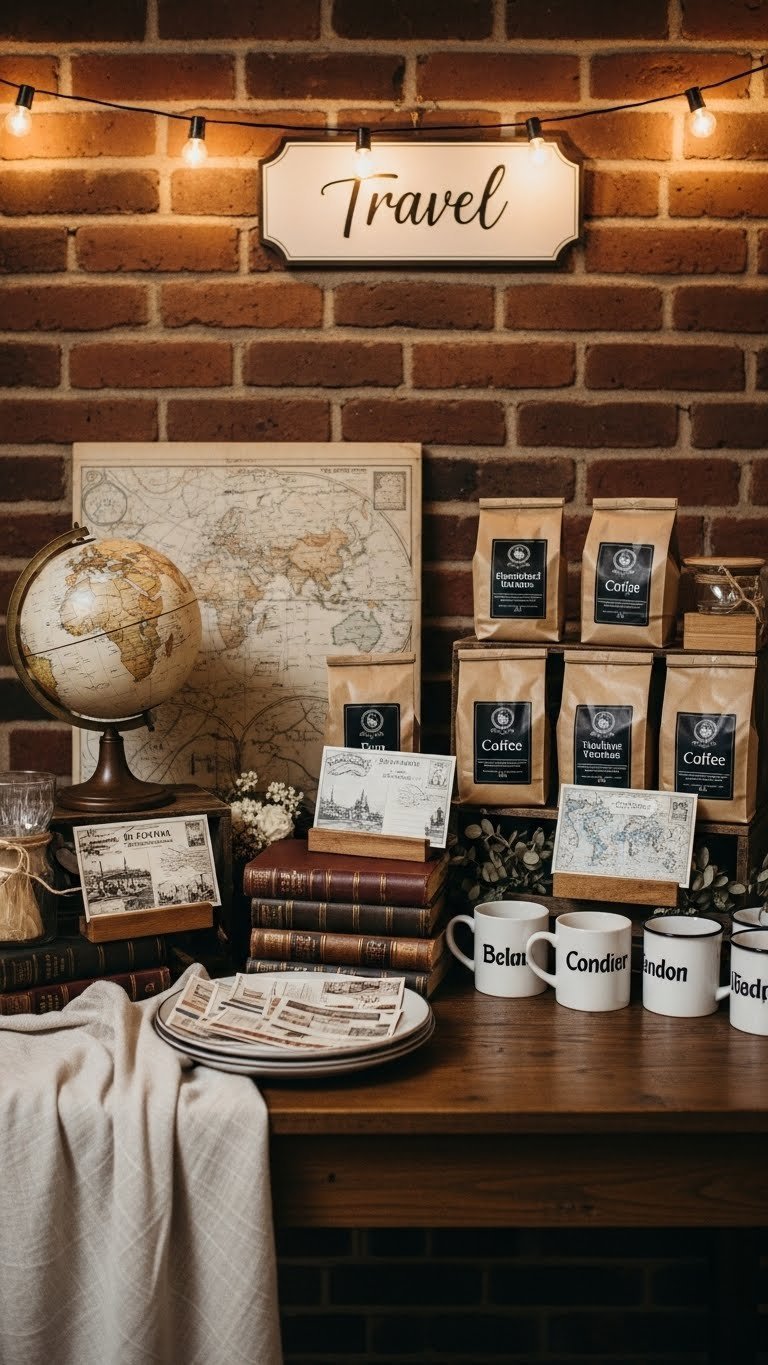 Travel-themed coffee corner with vintage maps and globe at rustic wedding station