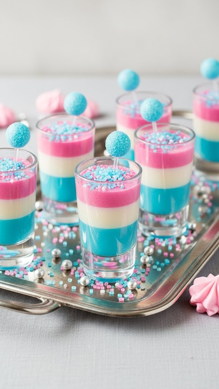 Tray of clear shot glasses with perfectly layered pink, white, and blue gender reveal drinks on silver tray