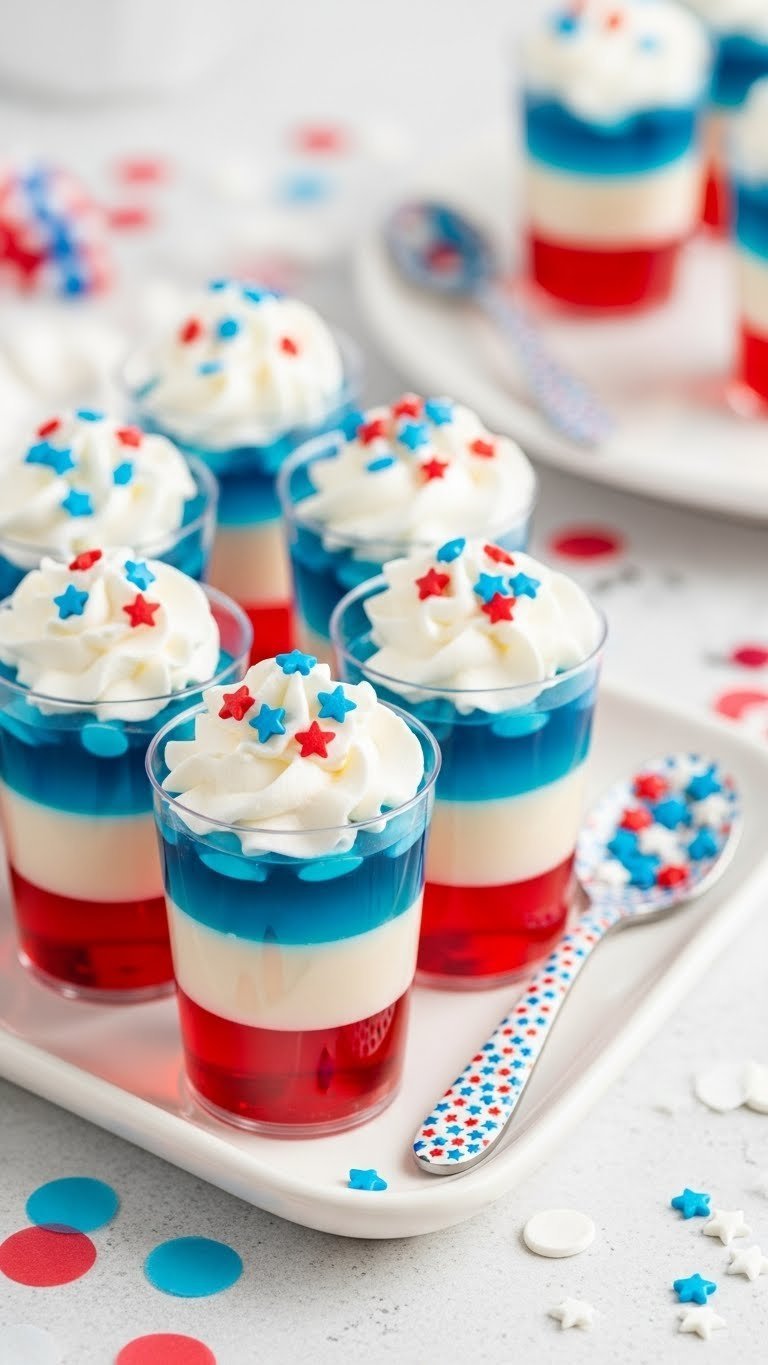 Tray of patriotic layered Jell-O shots in clear cups with whipped cream and star sprinkles on white platter