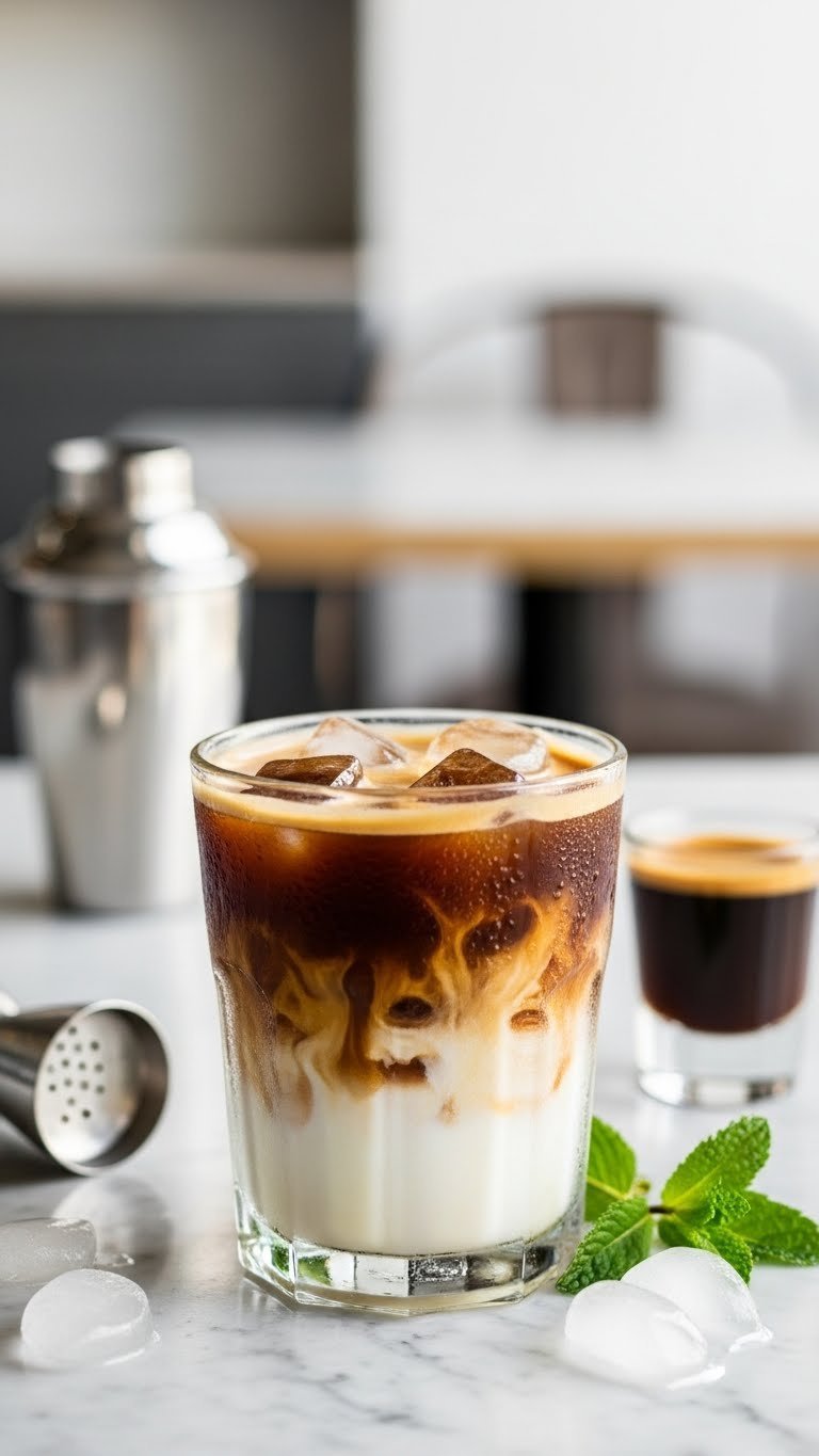 Trendy brown sugar shaken espresso in clear glass with layered dark espresso, creamy milk, and ice cubes on marble countertop