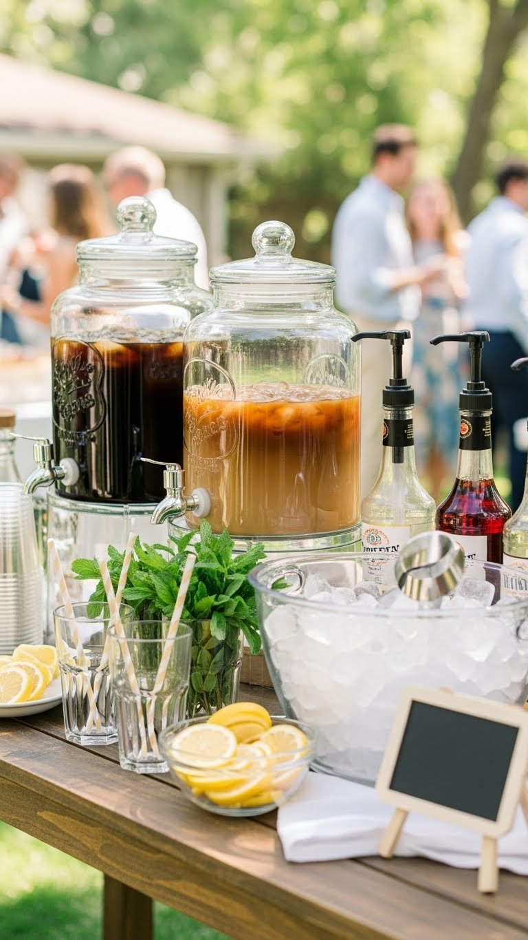 Trendy outdoor iced coffee bar with glass dispensers of cold brew, ice bucket, and flavored syrups on rustic wooden table
