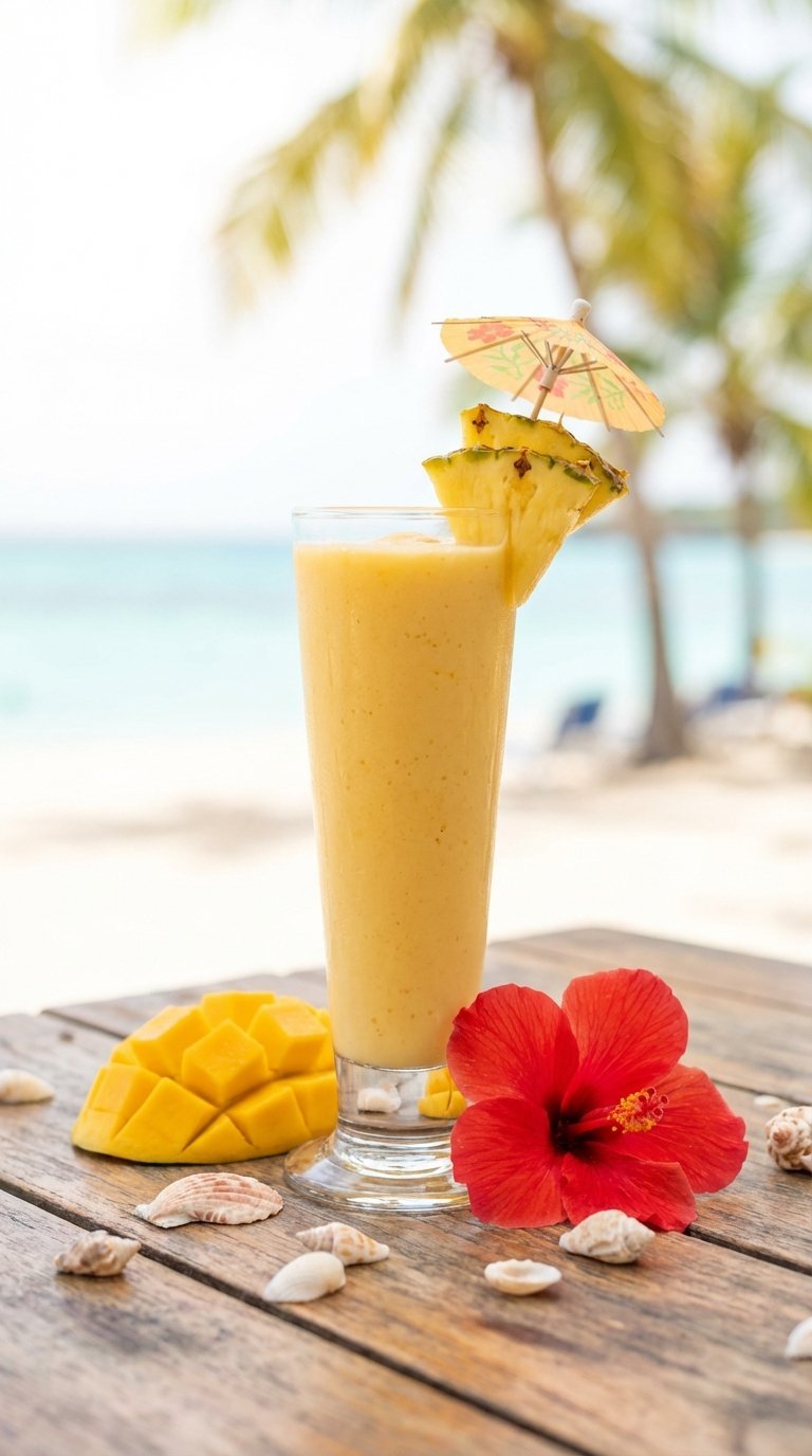 Tropical Paradise smoothie with pineapple garnish and umbrella in glass on beach backdrop