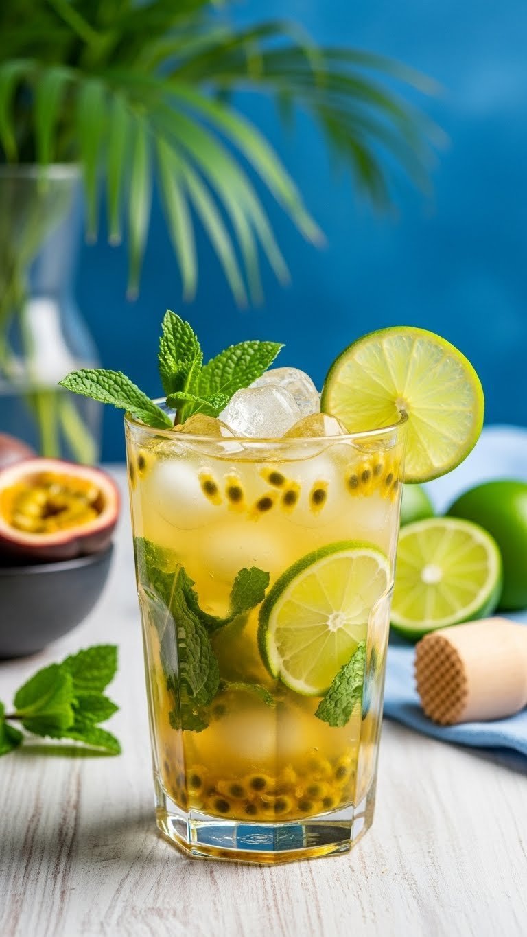 Tropical Passionfruit Mint Mojito with muddled mint, lime wheels, and passionfruit seeds in classic glass
