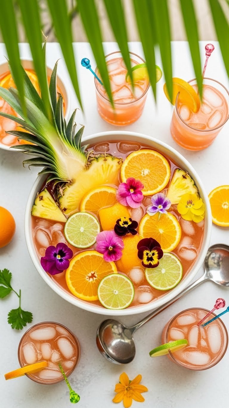 Tropical Rum Punch bowl filled with colorful fruit slices and edible flowers surrounded by glasses in outdoor setting.