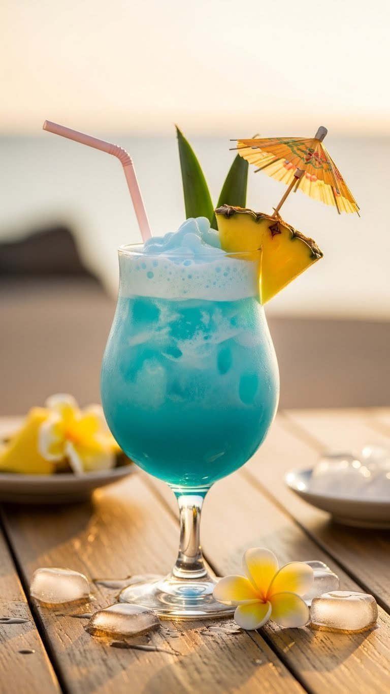 Tropical blue Hawaii mocktail with pineapple wedge and umbrella garnish on rustic wooden table