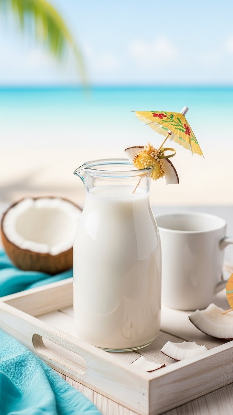 Tropical coconut coffee creamer in modern glass dispenser with toasted coconut flake garnish