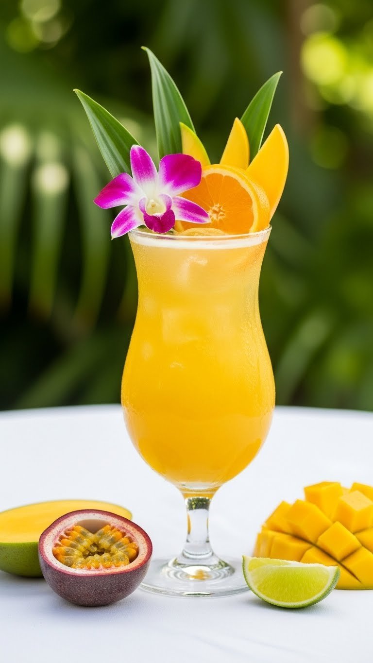 Zombie Drink Ideas: 7 Ultimate Recipes for Any Party 12 Tropical fruit-forward zombie drink in hurricane glass with passion fruit and mango garnishes on white tablecloth