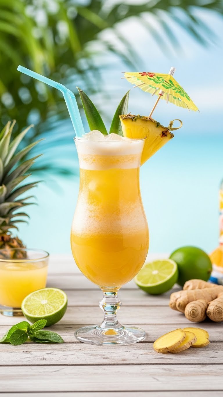 Tropical ginger refresher in hurricane glass with pineapple juice, coconut water, and frothy ginger beer topped with pineapple wedge
