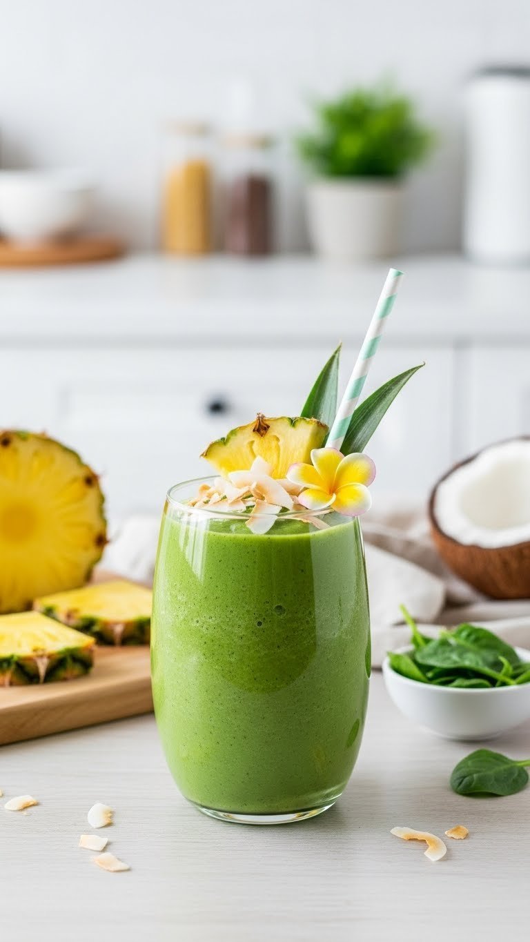 Tropical green smoothie in clear glass topped with pineapple chunks, coconut flakes and tropical flower