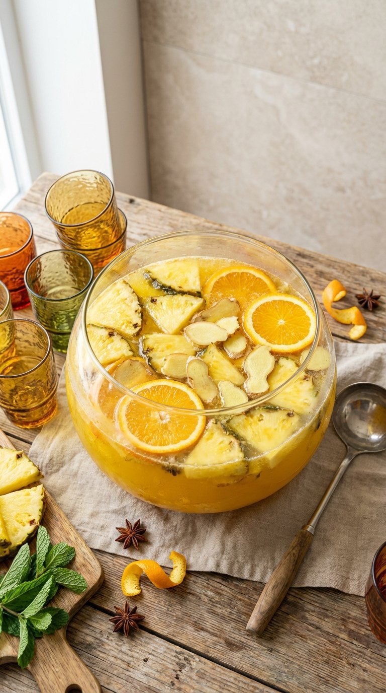 Ultimate BBQ Drink Ideas: 9 Proven Non-Alcoholic Recipes 9 Tropical pineapple ginger punch bowl with fruit slices and ginger coins on rustic wooden table