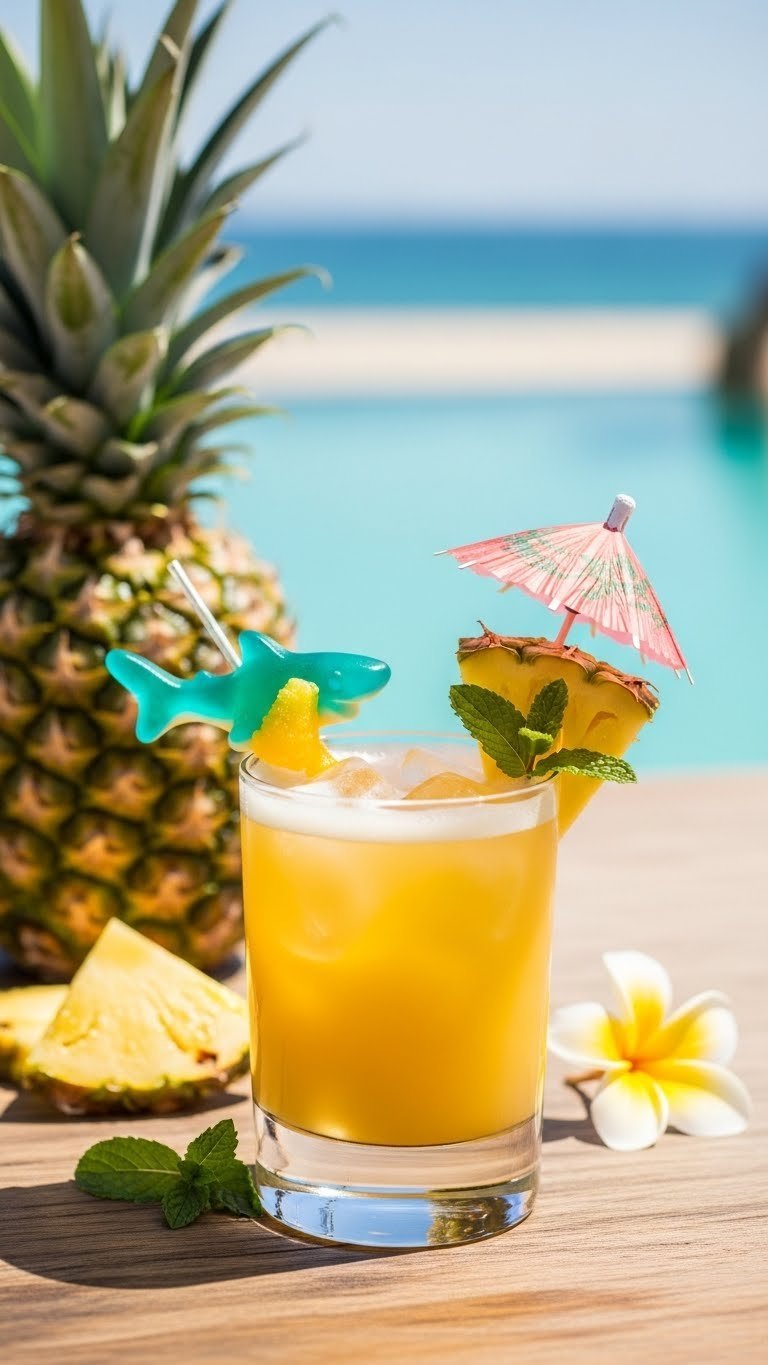 Tropical pineapple juice mocktail with gummy shark biting pineapple wedge and tiny umbrella on rustic wooden table
