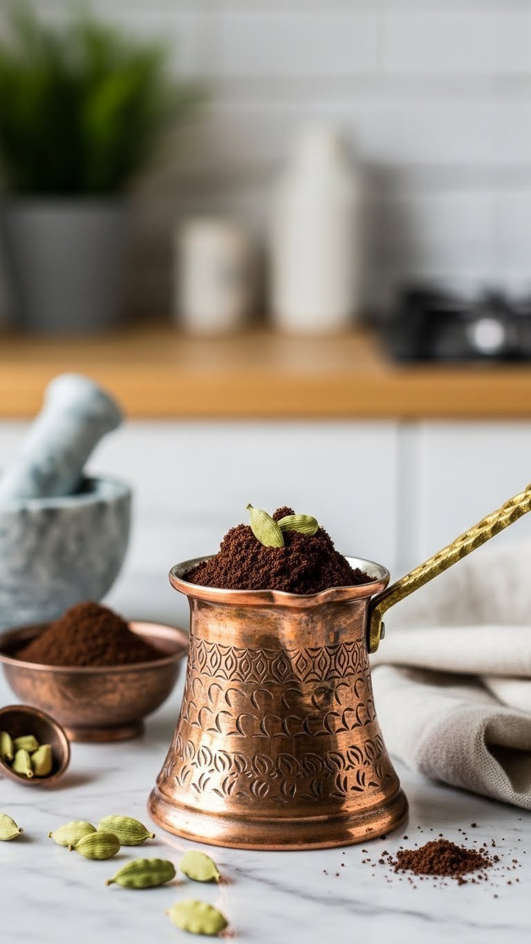Turkish Coffee Flavors: The Definitive Taste Guide 3 Turkish coffee grounds with green cardamom pods in ornate copper cezve on marble countertop with natural light