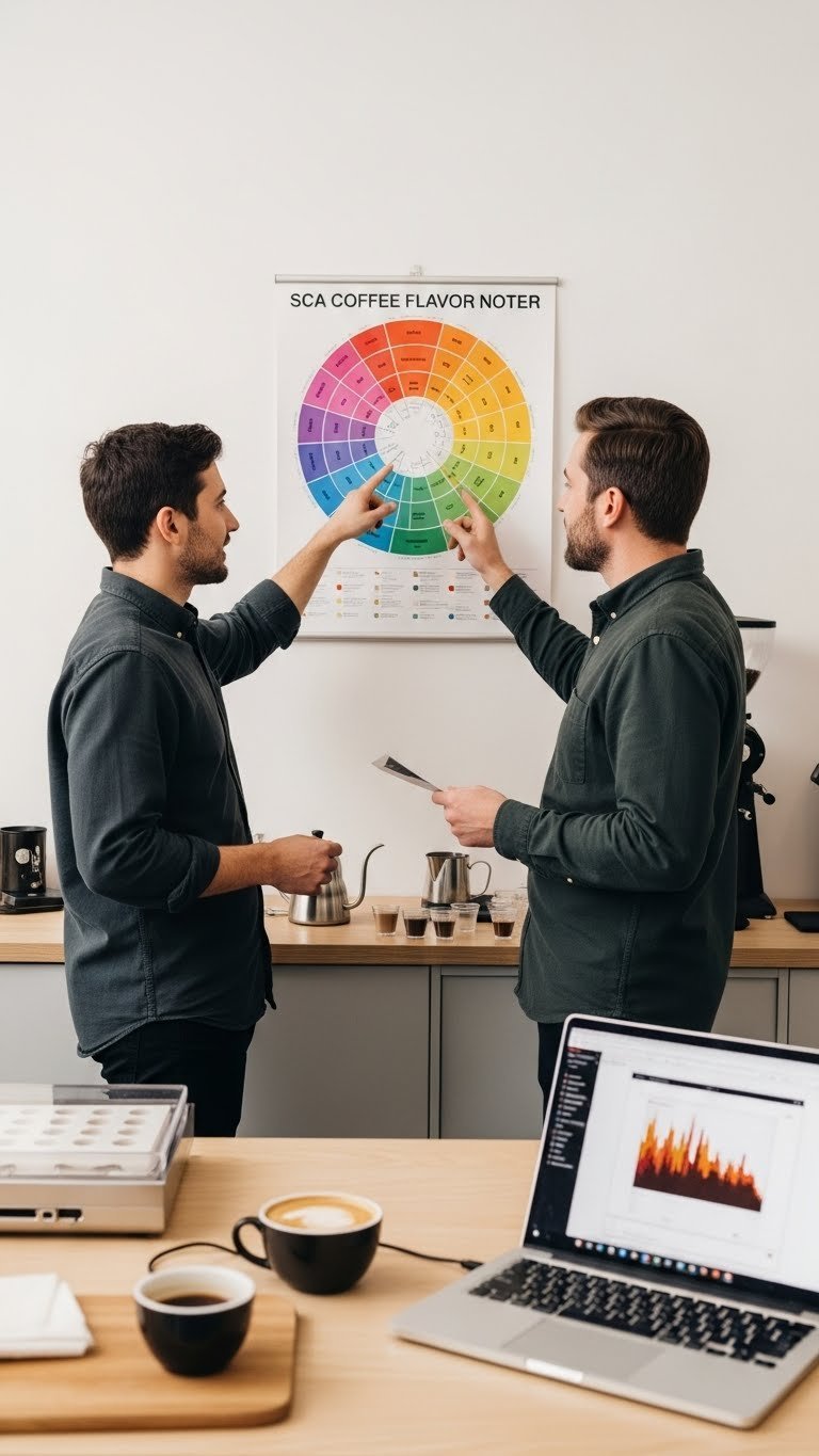Two coffee professionals discussing tasting notes while gesturing toward SCA Flavor Wheel poster in bright coffee lab