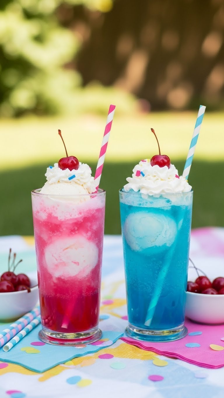 Two colorful soda floats with pink and blue sodas topped with melting vanilla ice cream and whipped cream