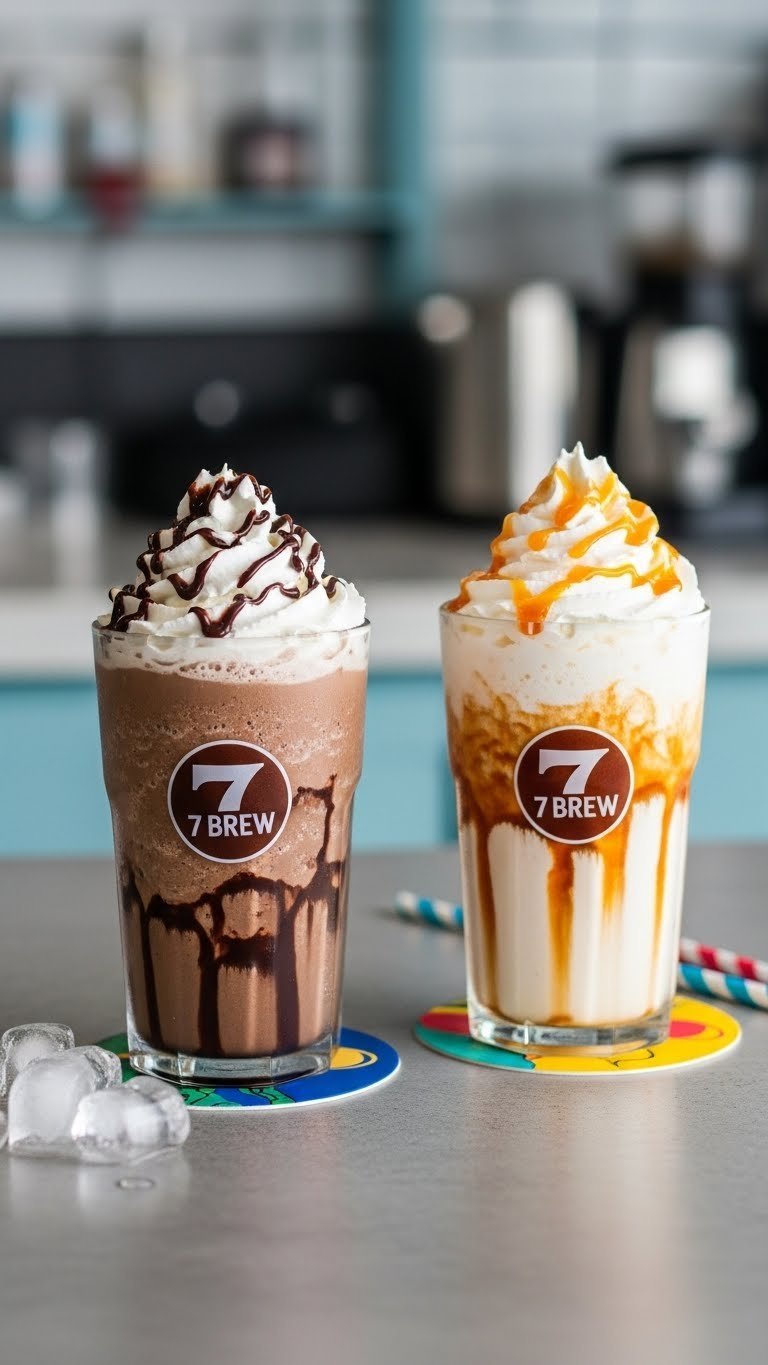 Two creamy 7 Brew chiller drinks topped with whipped cream drizzle on minimalist grey countertop