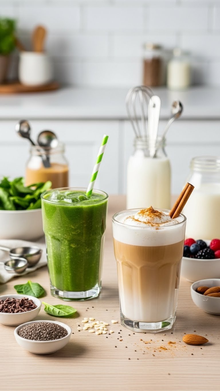 Two customized Herbalife iced coffee drinks with healthy additions like spinach and cinnamon on light wooden table