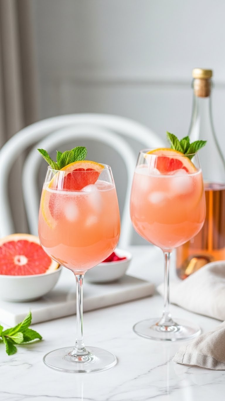 Two delicate rosé grapefruit spritzers in stemmed wine glasses with grapefruit slice garnish on white marble table