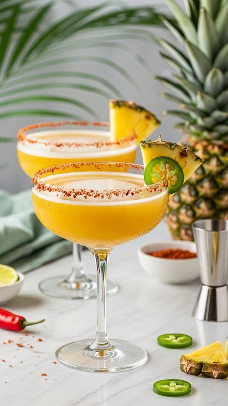 Two elegant margarita glasses with spicy pineapple drinks featuring chili-lime salt rims and jalapeño garnish on marble countertop