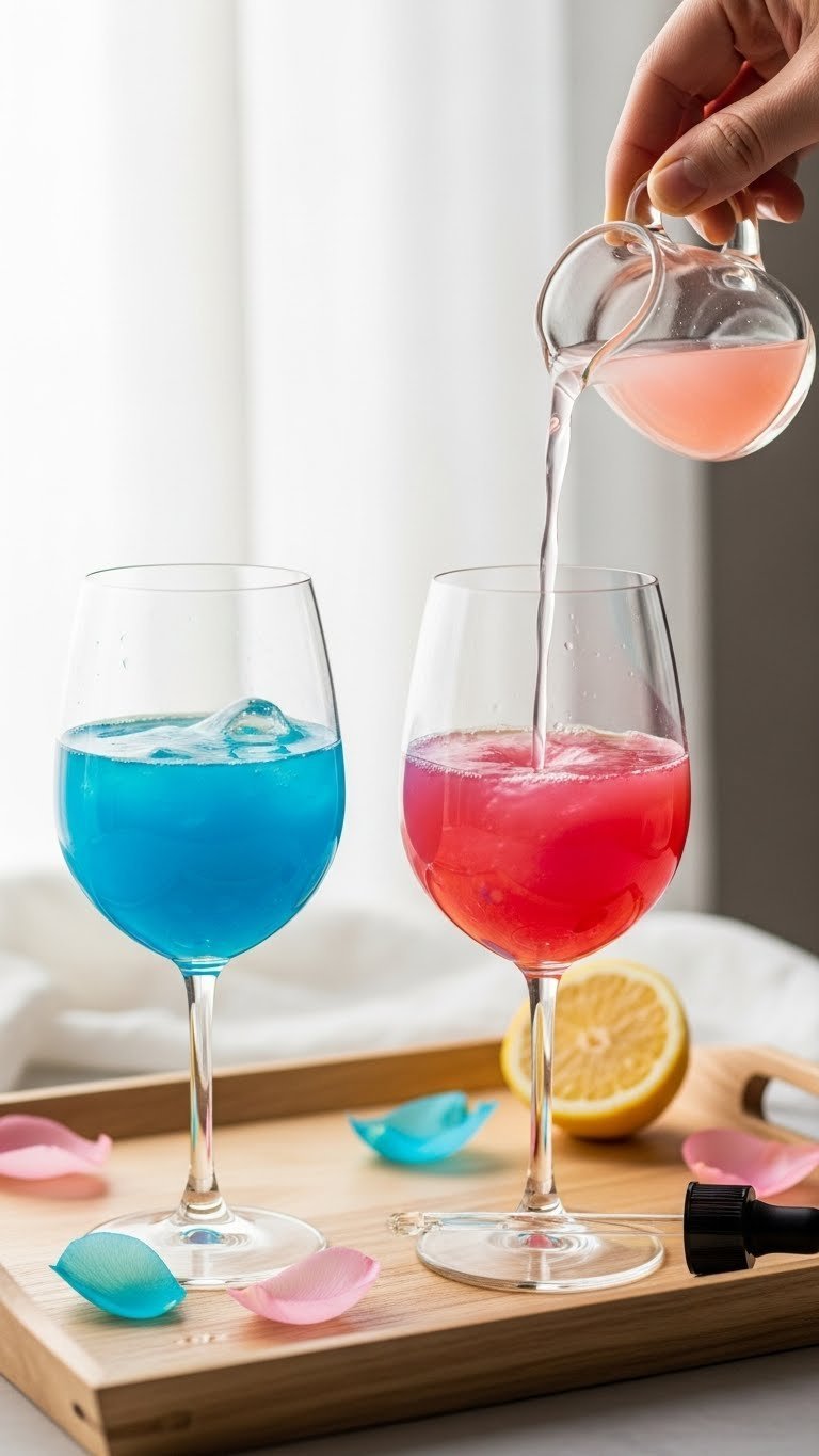 Two stemless wine glasses showing magical color transition from blue to pink liquid during gender reveal moment