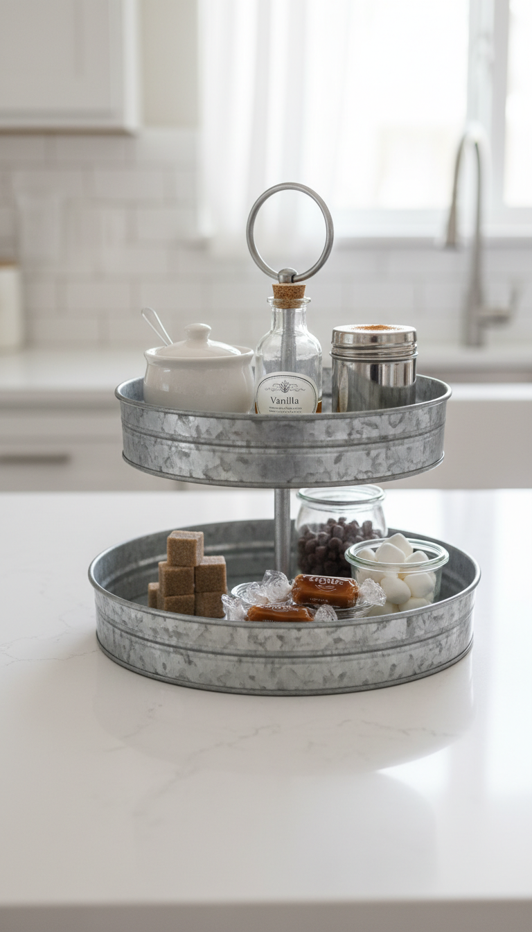 Two-tier galvanized metal tray organized with coffee add-ins on white quartz countertop