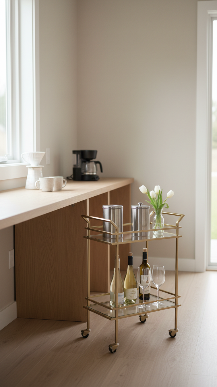 Two-tiered gold metal bar cart holding drip coffee maker, wine bottles, and glasses positioned next to main coffee station