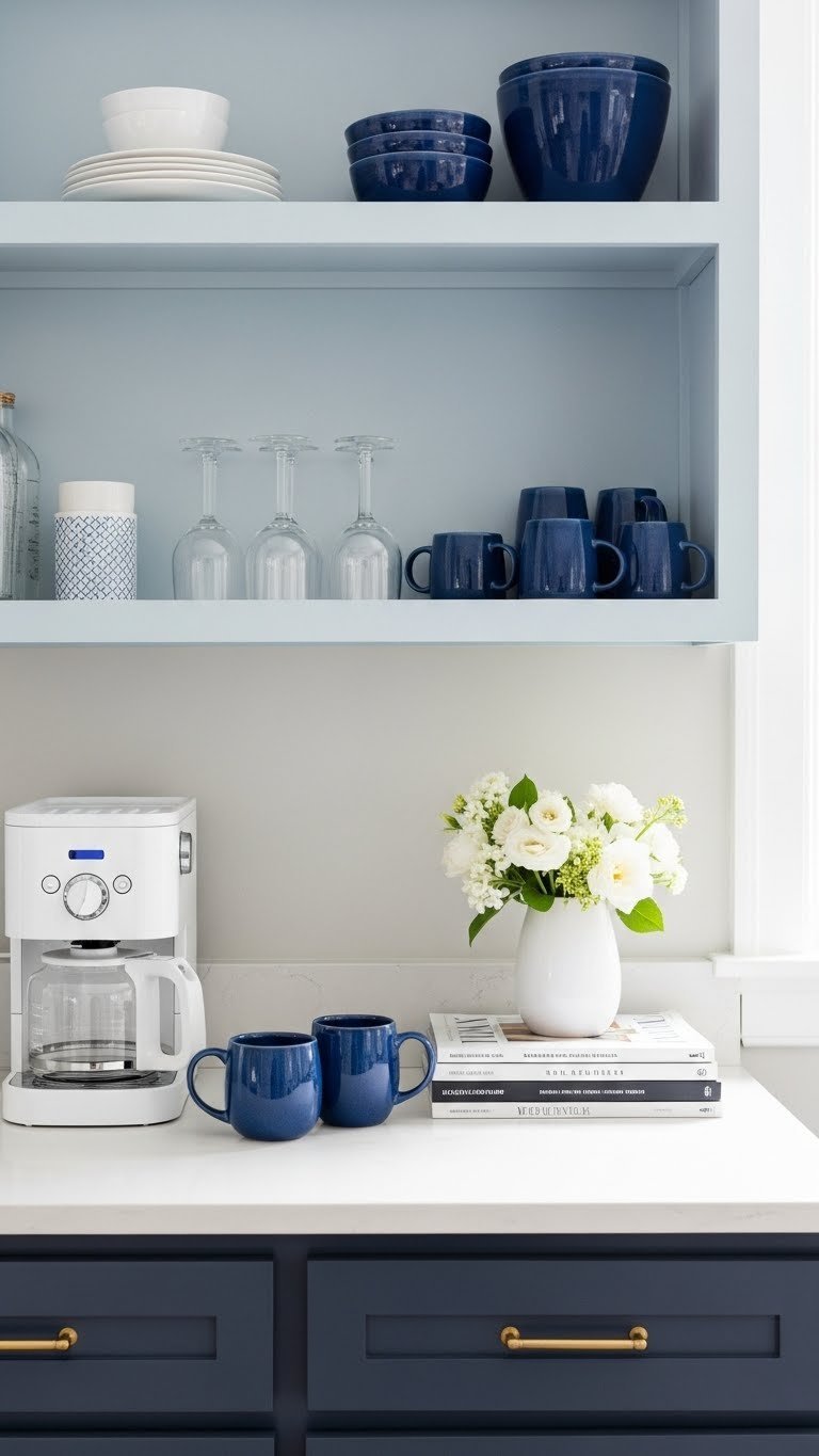 Two-tone blue coffee bar with navy base cabinets, light blue shelves, and contrasting ceramic mugs on white countertop