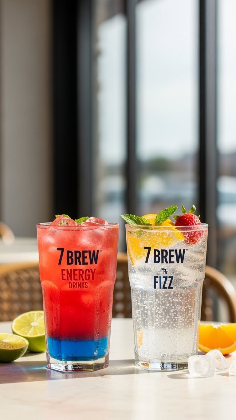 Two vibrant 7 Brew energy drinks with fruit garnishes and condensation on glasses against cafe backdrop