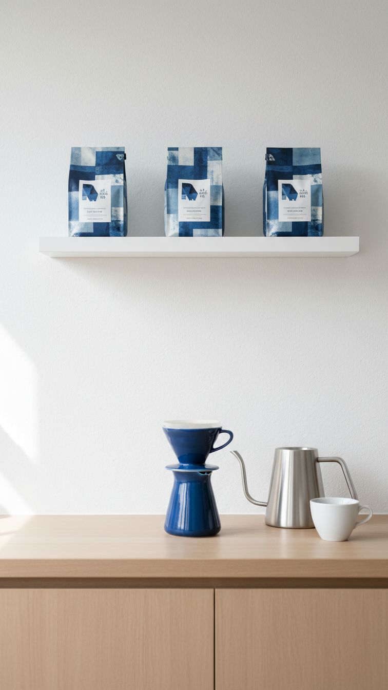 Ultra-minimalist coffee display on white picture ledge featuring artisan coffee bags as art