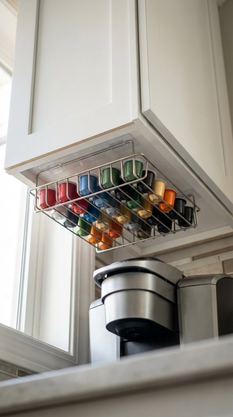 Under-cabinet coffee pod storage rack with colorful pods mounted using adhesive strips above Keurig machine
