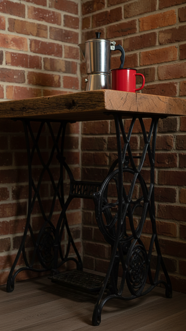 Unique coffee nook using vintage cast iron sewing table with reclaimed wood top, percolator, and enamel mug