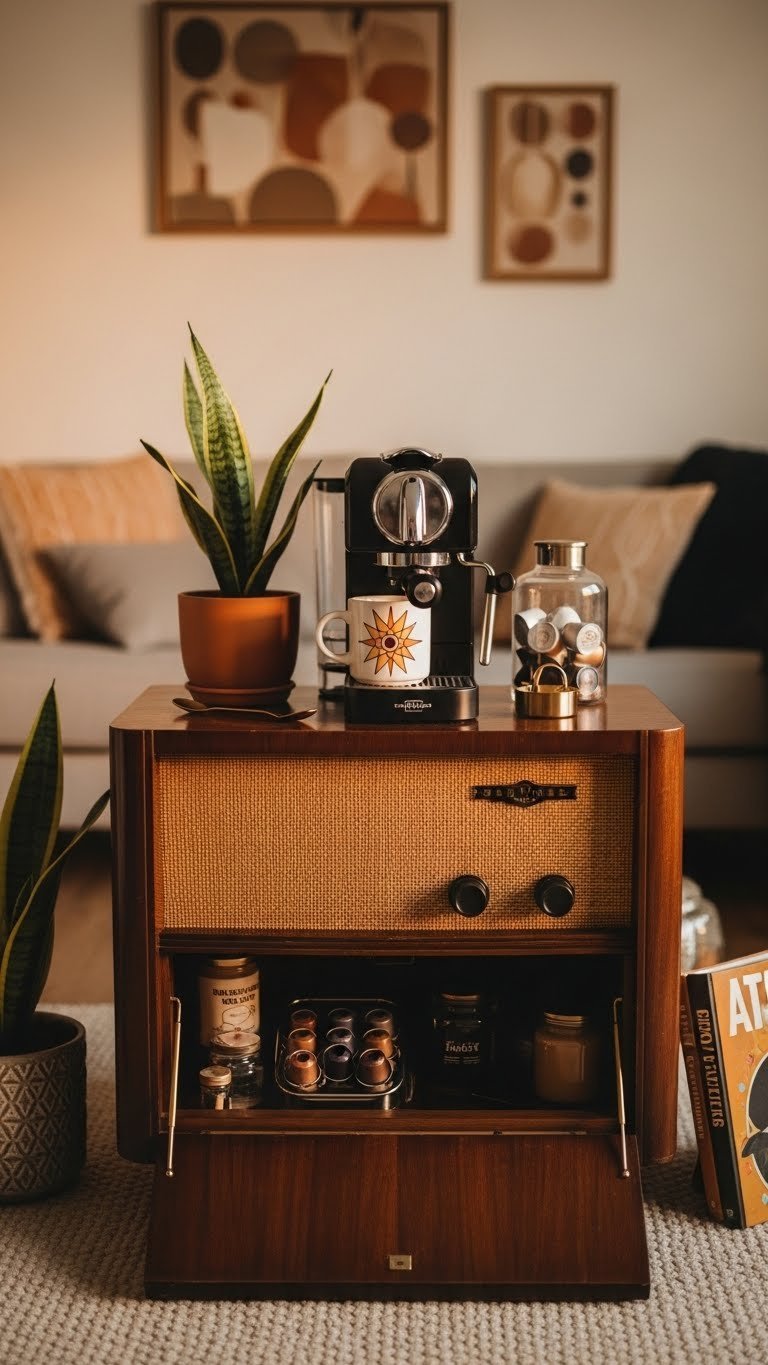 Upcycled 1950s radio cabinet coffee station with espresso machine, atomic mug, and brass mesh grille fabric