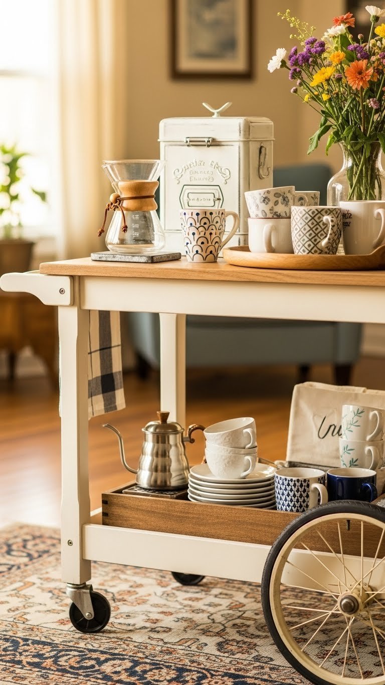 Upcycled vintage cart portable beverage station with pour-over coffee maker, assorted mugs, and decorative floral arrangement