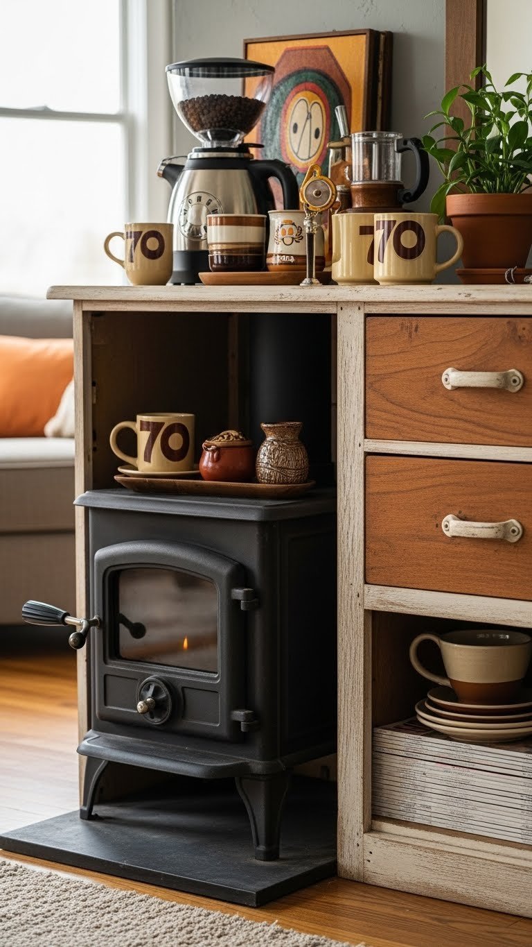 Upcycled vintage wood stove coffee bar with distressed finish and groovy 70s decor elements.
