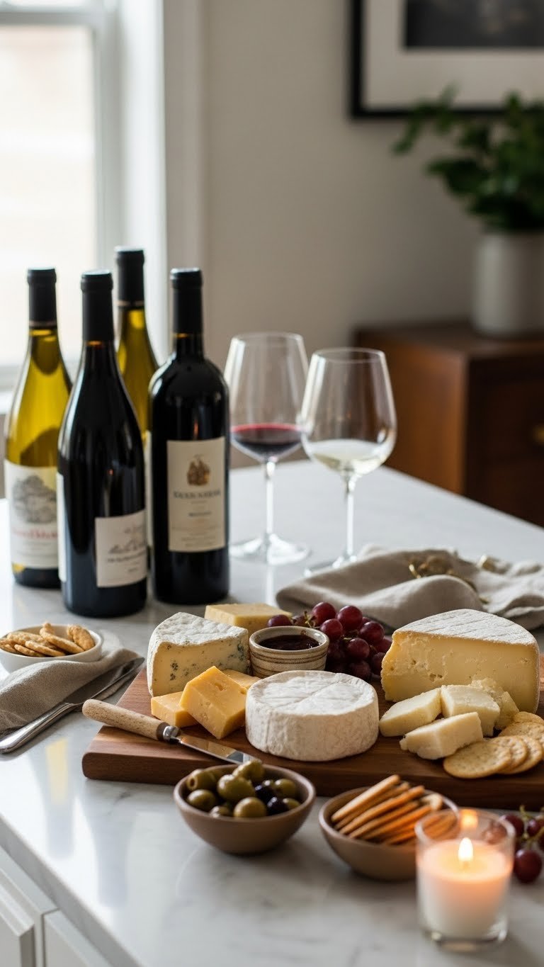 Upscale wine and cheese bar featuring artisanal cheeses, red and white wine bottles, and elegant glasses on marble surface