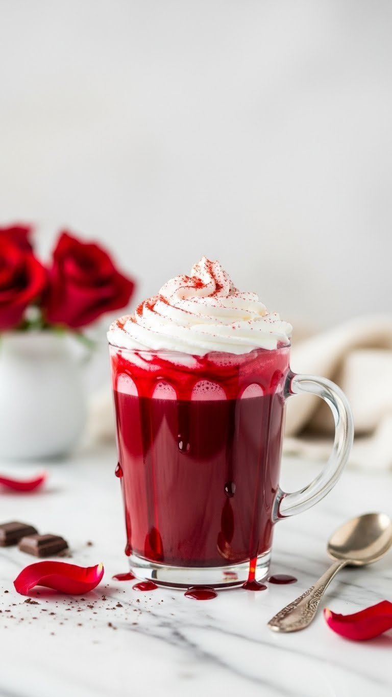 Vampire's Kiss red velvet latte in clear glass with blood drip effect and white whipped cream on marble countertop