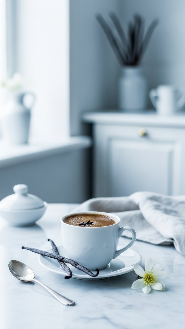 Turkish Coffee Flavors: The Definitive Taste Guide 11 Vanilla-infused Turkish coffee in elegant fincan with vanilla bean pod on marble surface with natural light