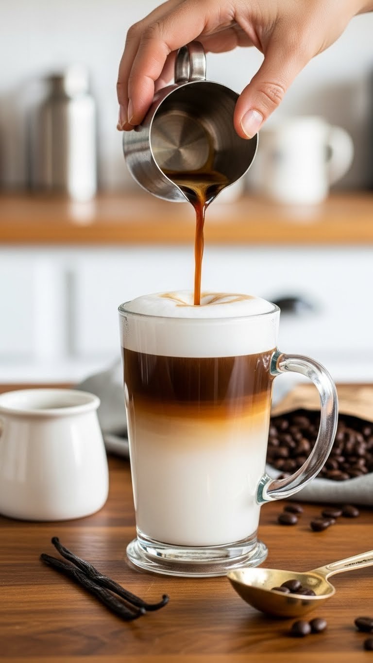 Vanilla latte with extra espresso in clear glass mug showing distinct layers on polished wooden counter.