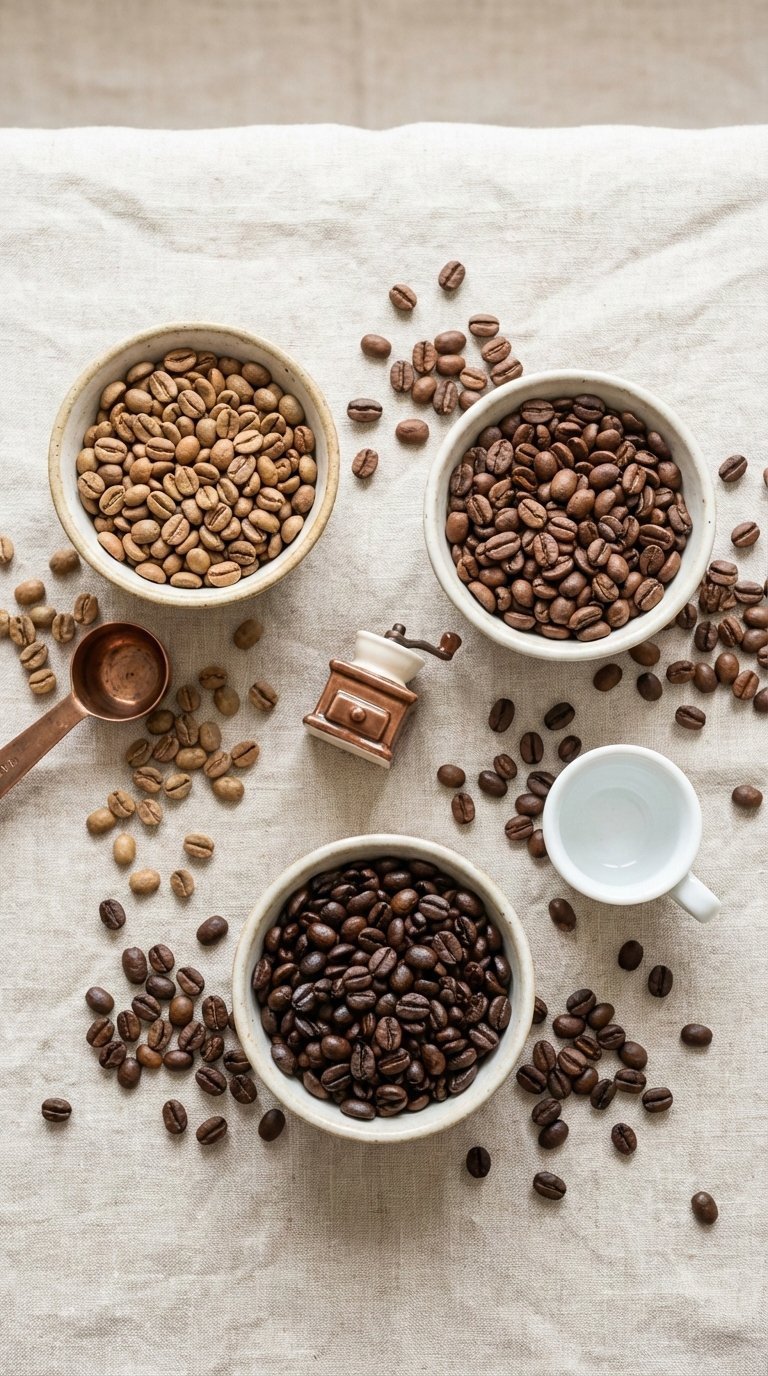 Various coffee bean roast levels displayed in bowls showing distinct colors and textures