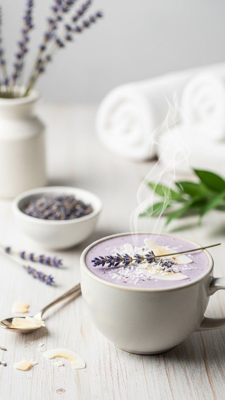 Vegan coconut lavender hot chocolate with dried lavender sprigs and coconut flakes in elegant ceramic mug
