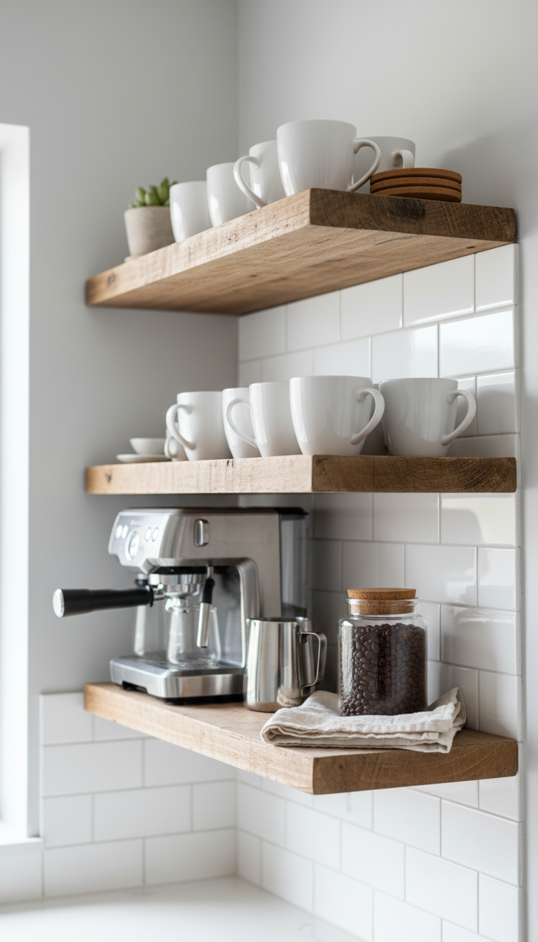 Vertical coffee station with rustic wood floating shelves holding coffee maker and mugs on white tiled backsplash