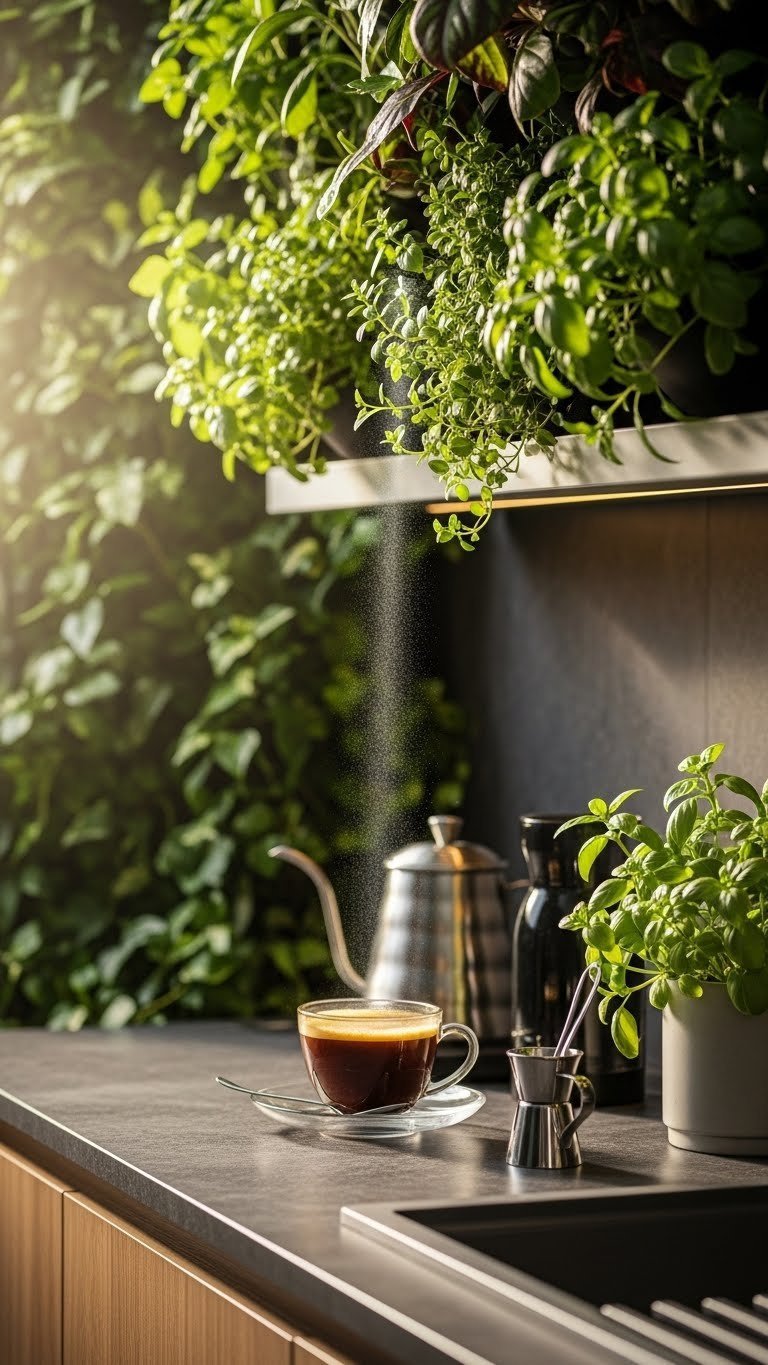 Vertical garden coffee wall with lush plant wall above sleek coffee bar shelf and steaming coffee cup on stone countertop