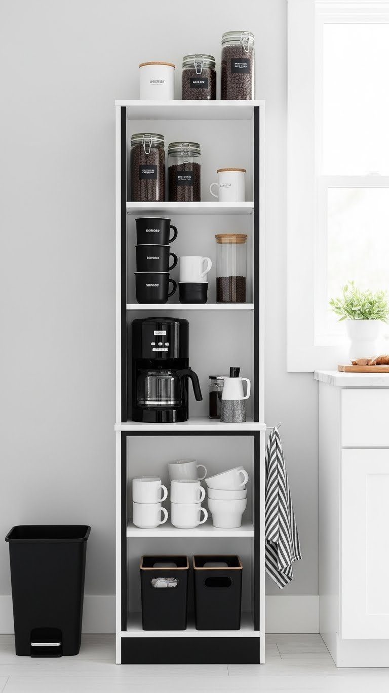 Vertical storage tower coffee bar with black and white shelves holding compact coffee maker and stackable mugs