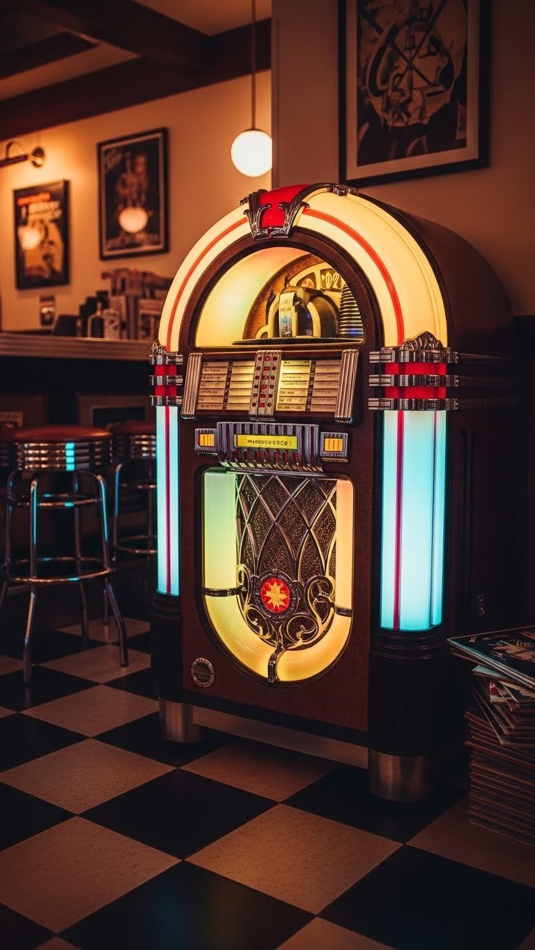 Vibrant 1950s Wurlitzer jukebox glowing with colorful neon lights on checkerboard floor in retro coffee bar setting.