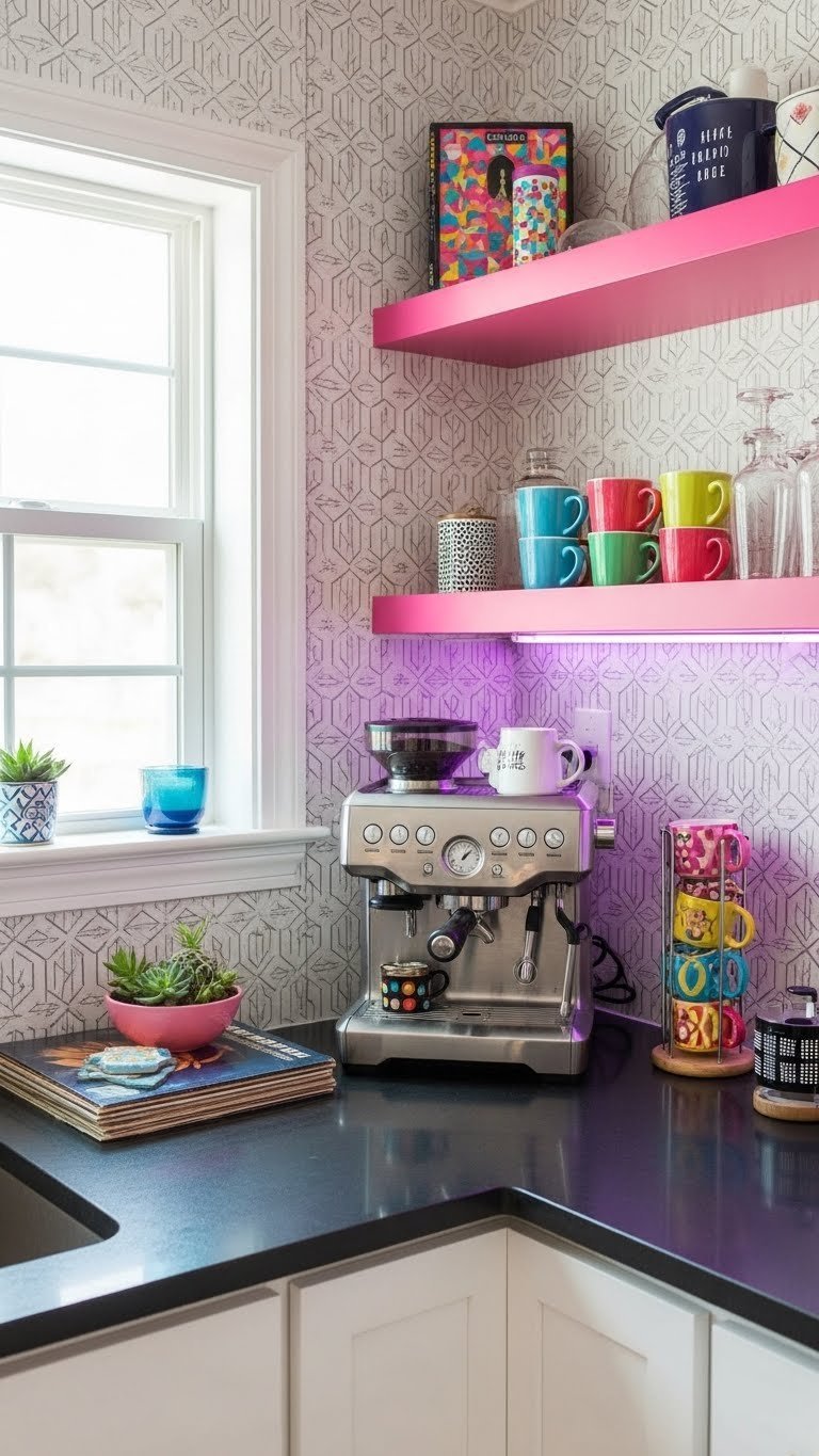 Vibrant 80s coffee bar featuring neon-lit black countertop with geometric backsplash, colorful vintage mugs, and sleek espresso machine