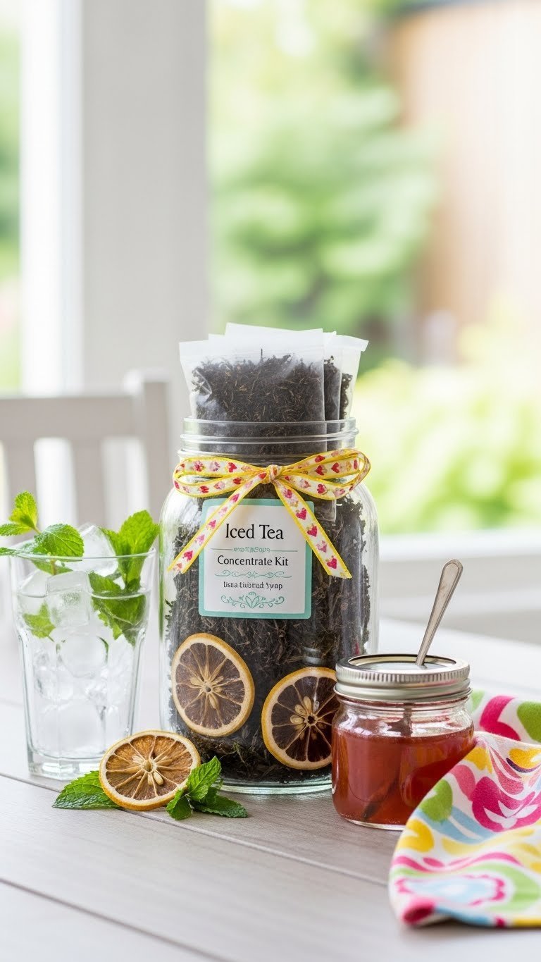 Vibrant Iced Tea Concentrate kit with loose leaf tea, fruit syrup, and lemon slices on bright patio setting