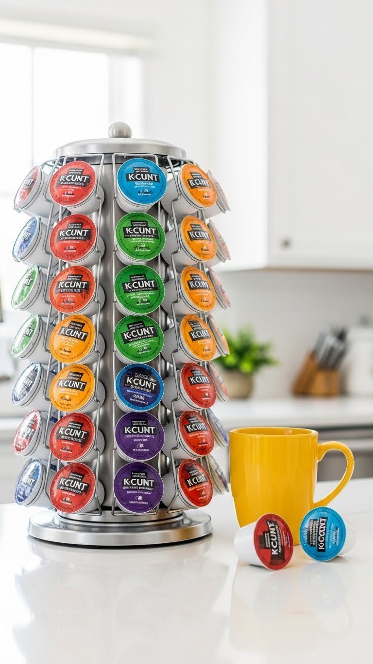 Vibrant K-Cup gift basket with rotating carousel holder filled with colorful coffee pods on white counter