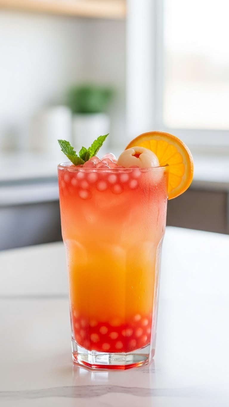 Vibrant Lychee Sunset boba tea with orange-to-pink gradient and lychee pearls on white countertop with soft bokeh background