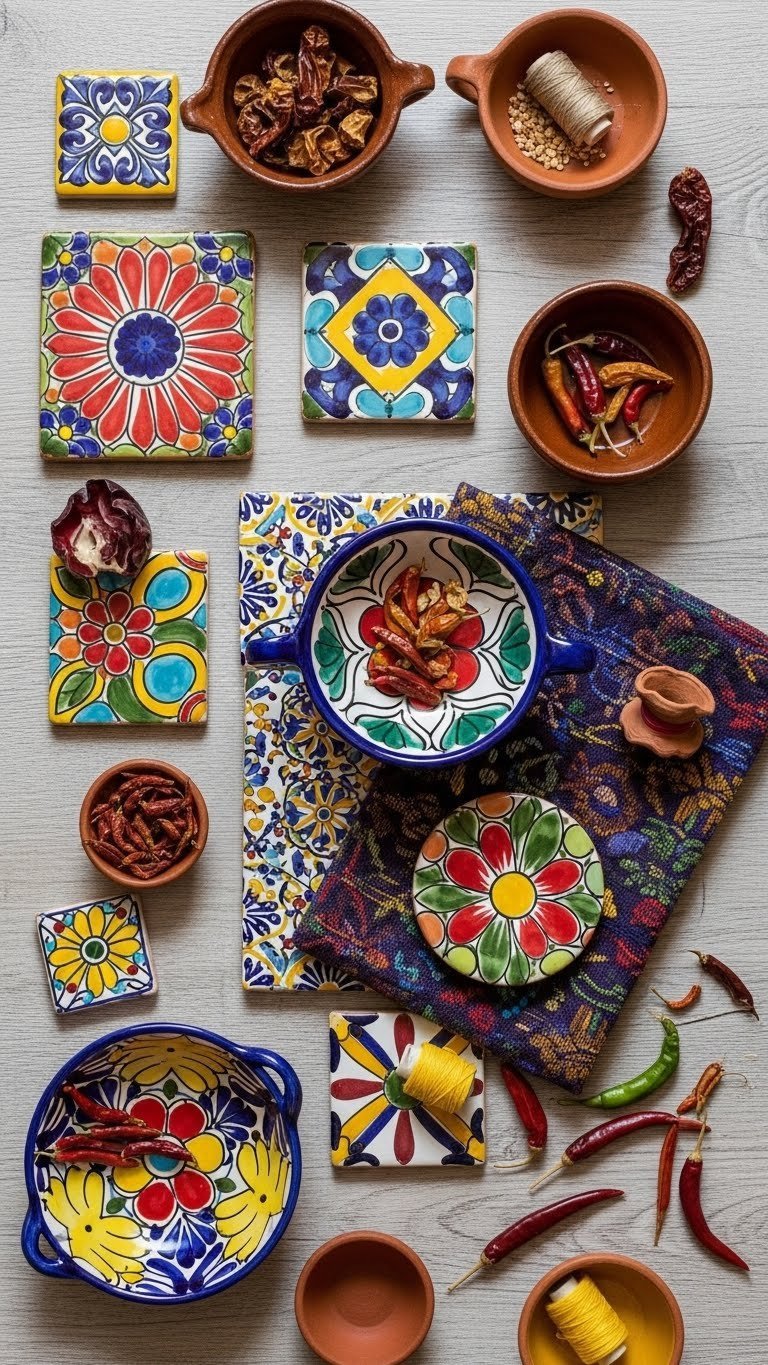 Vibrant Mexican color palette featuring bold reds, sunny yellows, and deep blues in colorful tile and textile arrangement